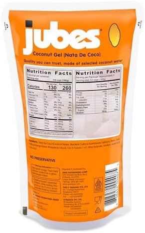 Jubes Mango Nata De Coco Jelly Cubes 12.7 oz - Mango Coconut Jelly Cubes for Sago - Coconut Gel in Syrup Toppings for Fruit Tea, Boba, Bubble Tea, Drinks, Desserts Yogurt, Ice Cream, Beverage