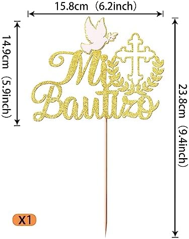 1 Pack Spanish Mi Bautizo Cake Topper Glitter Cross First Holy Communion Baptism Cake Pick Religious God Bless Baptism Cake Decoration for Baby Shower Birthday Party Supplies Gold