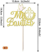 1 Pack Spanish Mi Bautizo Cake Topper Glitter Cross First Holy Communion Baptism Cake Pick Religious God Bless Baptism Cake Decoration for Baby Shower Birthday Party Supplies Gold