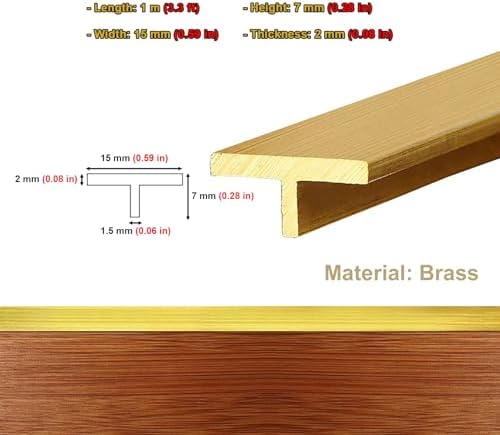 CMYUN Flat T-Shaped Brass Threshold Strip Gold, Extra Narrow Doorway Transition Strips Wood to Tile, Stair Wall Edging Trim Transition Bar, Joins Floor Gap(15x7mm(0.59x0.28 in))