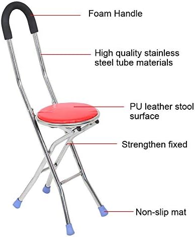 Walking Stick Chair, Folding Cane with Seat and Sponge Handle Four Legs Anti-Slip Stainless Steel Portable Safe Seniors Walking Stick