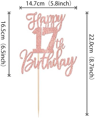 1 PCS Happy 17th Birthday Cake Topper Glitter Cheers to 17 Years Birthday Cake Pick Seventeen Hello 17 Cake Decoration for Happy 17th Birthday Anniversary Theme Party Decorations Rose Gold