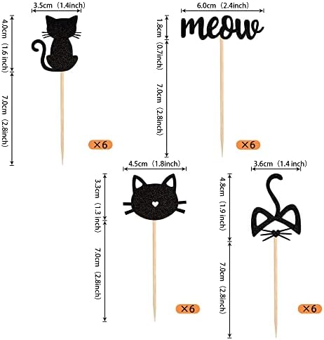 24 Pack Cat and Meow Cupcake Toppers Black Glitter Kitten Cat Cupcake Food Picks Cat Lover Kitten Theme Baby Shower Kids Birthday Wedding Party Cake Decorations Supplies