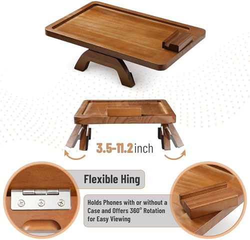 BAMBOO LAND- Couch Arm Tray, Wooden Folding Couch Armrest Table, Rectangular Clip-On Sofa Arm Tray with 360° Rotating Phone Holder