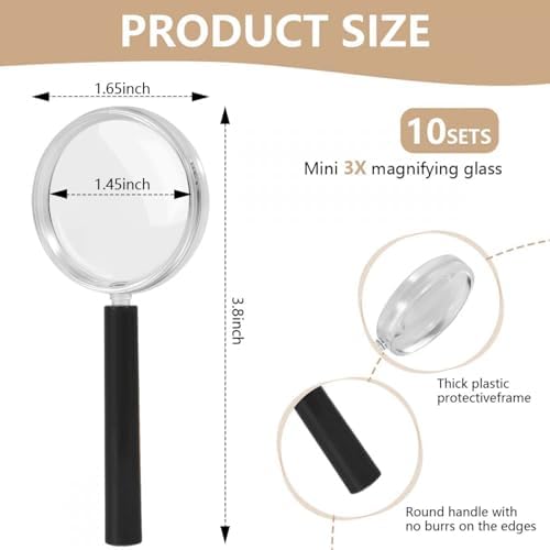 SenseYo 10 Pack 3X Mini Magnifying Glass for Kids, Small Colorful Kid Magnifier for Observation (Black)
