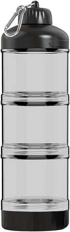 3-Layer Protein Powder Container with Funnel & Keychain, 50g Capacity Portable Supplement Dispenser, Leakproof Clear Stackable Organizer for Gym Travel Workout, BPA-Free Plastic (Black)