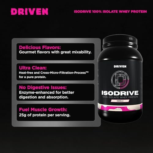 Driven Nutrition IsoDrive Whey Isolate Protein Powder 2lb (Vanilla) – 25g Protein, Enzyme Enhanced for Absorption, Ultra Clean