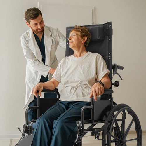 High Back Foldable Transport Wheelchair for Adults 300-lbs Heavy-Duty Folding Self-Propelled Wheel Chair with Removable Headrest Swing-Away Adjustable Footrest, Black 18.5-inch Reclining Seat