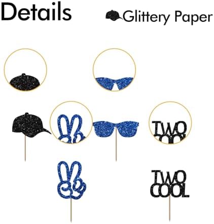 Two Cool Cupcake Toppers, Baby 2nd Birthday Party Decor for Boys, Sunglasses Sign Dessert Picks, Two Years Old Birthday Party Decoration - Blue & Black Glitter