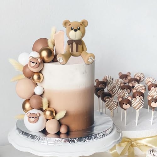 3D Bear Cake Toppers Brown Bear Cake Decorations for Boy Girl Baby Shower Birthday Party Supplies (coffee)