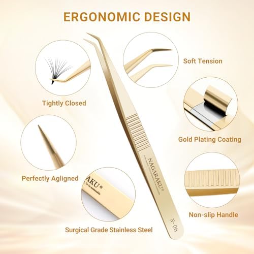 NAGARAKU Professional Eyelash Extension Tweezers, Precision Tip Stainless Steel Gold Lash Tool Curved Angled for Individual & Volume for Salon & Personal Use, Super Light Weight Easy Fanning (N-06)