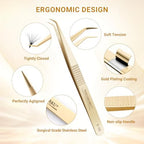 NAGARAKU Professional Eyelash Extension Tweezers, Precision Tip Stainless Steel Gold Lash Tool Curved Angled for Individual & Volume for Salon & Personal Use, Super Light Weight Easy Fanning (N-06)