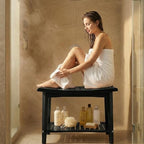 ZJchao Shower Bench, 60x33x46cm Wood Ergonomic Shower Stool with Storage Shelf and Handles Shower Stool Bath Bench for Bathroom Spa Outdoor Use Elegant Shower Seating Solution (Black)