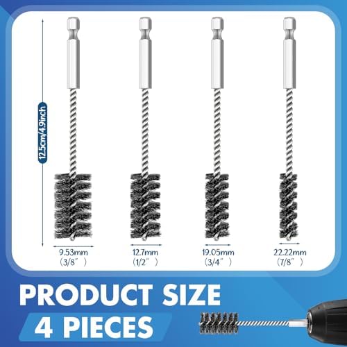 Hicarer 4 Pcs Stainless Steel Wire Brush for Drill Bore Brush Set with Hex Shank Handle Wire Brushes for Drill Ports Tubes Bearings Cleaning Parts Attachments and More, 3/8'', 1/2'', 3/4'', 7/8''