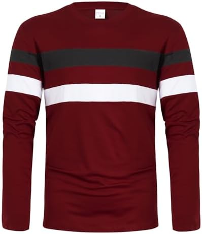 Men's Long Sleeve Tee Shirts Color Block Striped Tee Pullover Casual Round Neck Basic Shirts Fitness Sports Tops