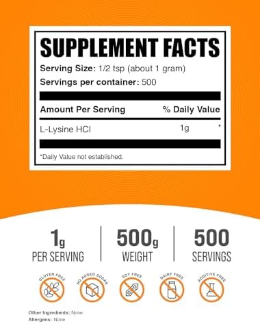 BulkSupplements.com L-Lysine Powder - Lysine Supplement, Essential Amino Acid, for Immune Support - Gluten Free, 1g per Serving, 500g (1.1 lbs) (Pack of 1)