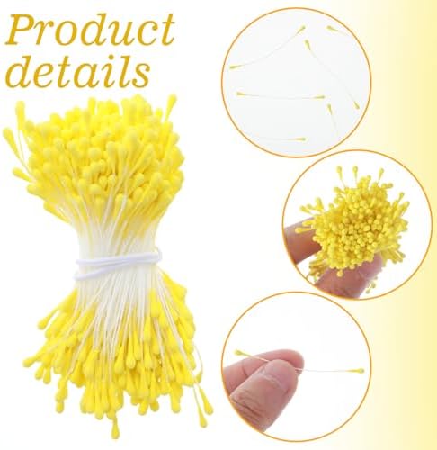 Tyqour 350 Pcs Flower Stamens, 3mm Yellow Pearl Double Heads Handmade Stamen for Flower Making, Artificial Floral Stamens for Crafts Mother‘s Day DIY Flower Wedding Bouquet Scrapbook Decoration