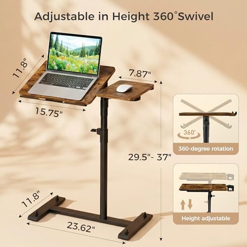 YUHFERA Rolling Table for Laptop Stand, Height and Angle Adjustable Over Bed Table with Wheels, Tilt-Top Laptop Desk for Couch with Cup Holder, Bed Table Tray for Eating (Rustic)