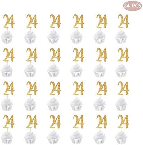 Gold Happy 24th Birthday Cupcake Topper, 24-Pack Number 24 Glitter Birthday Party Cupcake Toppers, Decorations