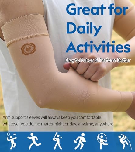 NURCOM® Medical Compression Arm Sleeve for Men Women, 2 Pack, 20-30mmHg with Silicone Band for Lymphedema, Lipedema, Pain Relief, Edema, Swelling, Post Surgery Recovery, Beige S