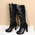 KysBloes Women Lace Goth Knee High Boots Buckle Block Heel Lace Up Knee Length Boots Punk Platform Tall Boots