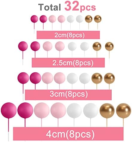 ASTARON 32 Pcs Ball Cake Topper Decorations Mini Balloons Cake Topper Sticks Foam Balls Cake Picks Cake Topper Balls Cake Decorations for Wedding Party Birthday Cake Decorating (Pink Gold)