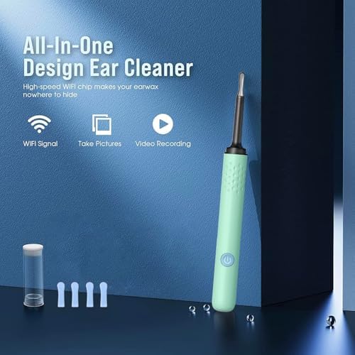 Ear Wax Removal, Ear Cleaner with Camera and Light, Ear Wax Removal Kit, Ear Wax Removal Tool Camera with 1080P, Ear Cleaning Kit with Spoons, Ear Camera for iOS & Android (Light Lake Green)