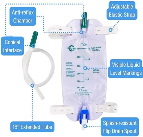 10 Pack Easy-Tap Catheter Leg Bag - 500ml with 18” Tubing, Anti-Reflux Valve, Adjustable Cloth Straps & Flip Drain - Sterile Latex-Free Urinary Drainage Bags