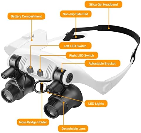 Hands Free Head Magnifying Glasses, Magnifier with Light, 1X, 2X, 3X, 5X, 6X, 8X, Ideal for Jewelry, Eyelash Extensions, Soldering, Craft, Cross Stitch