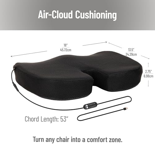 Mind Reader Heated Memory Foam Seat Cushion with Air-Cloud Support, Slim Ergonomic Cushion with 4 Heat Settings Timer and Auto Shut-Off, Black