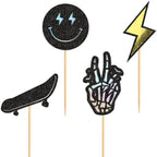 24Pcs One Cool Dude Cake Decorations Smiling Face and Lightning Cupcaketooper Skateboard Inspired Cupcake Toppers SkateboardParty Decorations