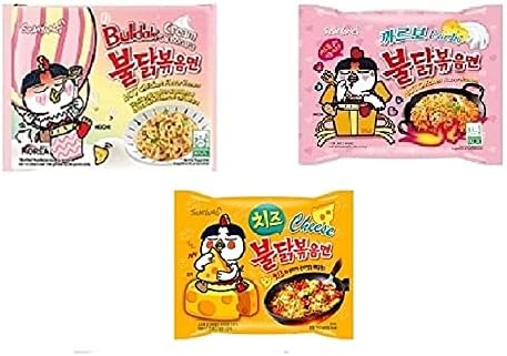 Sam Yang Korean Buldak Cream Carbonara Noodles Pk1 & Buldak Carbo Noddles Pk1 & Buldak Cheese Pk1(420Gm)(Imported) Pack Of 3 (Non - Vegetrian)