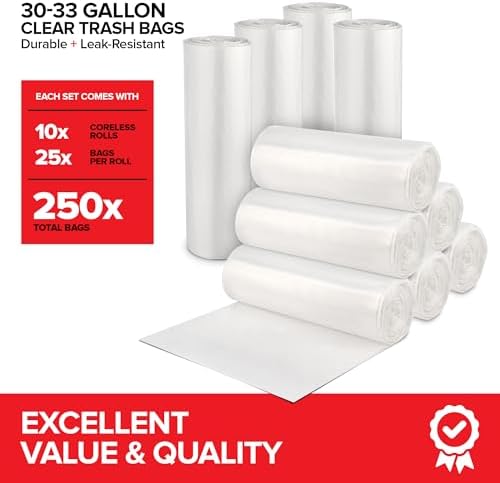 Stock Your Home Clear Trash Bags – 30-33 Gallon (250 Pack) – Disposable Leak-Resistant Garbage Can Liners for Office, Bathroom, Deli, Produce, Dog Poop, Cat Litter