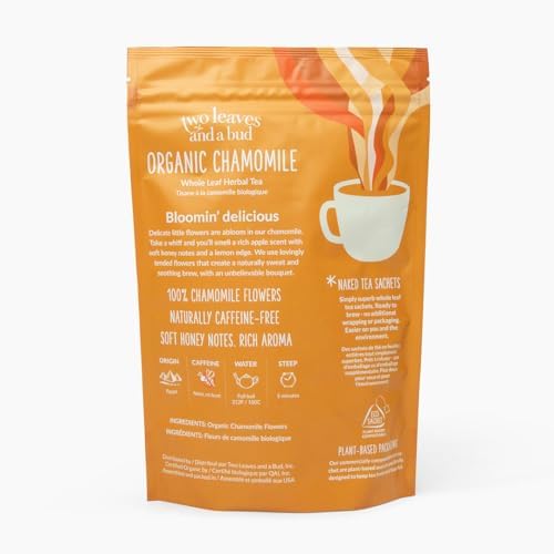 Two Leaves and a Bud Organic Chamomile - 50 Naked Tea Sachets, Naturally Caffeine Free, Whole Leaf Herbal Tea in Eco-Friendly Unwrapped Compostable Sachets, Resealable Bag, 50 Count (Pack of 1)