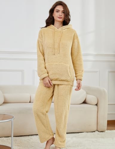 Wyeysyt Women's Fleece Pajamas Sets Fuzzy Loungewear Long Sleeve Casual Hoodies and Pants Fluffy 2 Piece Set Sleepwear