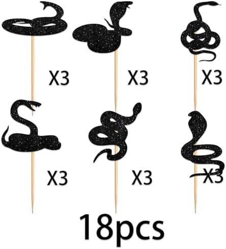 Snake Cupcake Topper for Snake Reptile Pet Theme Party Favors Decorations Men Women Kids Happy Birthday Baby Shower Party Decor Supplies set 18pcs Black Glitter Silhouette