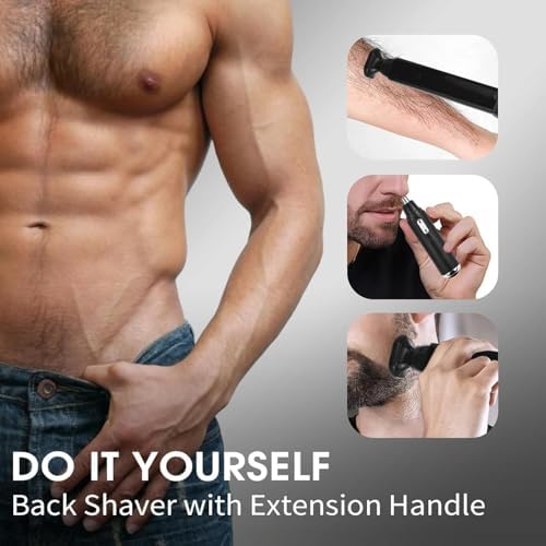 Back Shavers for Men Long Handle,Multifunctional Self-Service Electric Back Hair Razor with Adjustable Handle,Men's Back Shaver wiht Nose Hair Trimmer Set and 2 Shock Absorber Flex Heads-Black