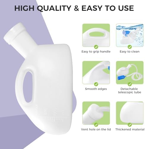 2000ML Portable Urinals for Men, Mens Urinal Bottle Spill Proof for Seniors, Male 63" Large Thick Pee Bottles with Long Tube and Lid for Hospital Car Home Toilet Travel Camping (White)