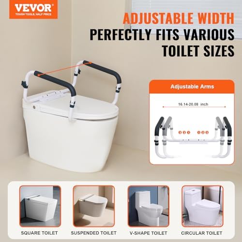 VEVOR Toilet Support Rail, 300LBS Support Toilet Seat Framework, Width Adjustable to Suit Various Toilets, Simple Set-Up, Toilet Grip Bars with Cushioned Armrests for Elderly, Disabled