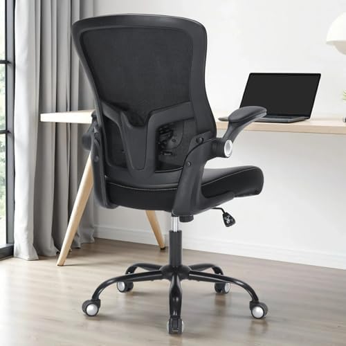 Office Chair, Ergonomic Desk Chair with Adjustable Lumbar Support Breathable Mesh Computer Swivel Chair with Flip up Armrests & PU Leather Cushion, Comfy Task Chair for Home Office, Black