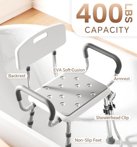 SOUNDFUSE Shower Chair for Inside Shower with Arms and Back, FSA/HSA, Height Adjustable Shower Chair for Elderly and Disabled with Enhanced Non-Slip Feet, 400 lbs Heavy Duty Shower Seat for Seniors