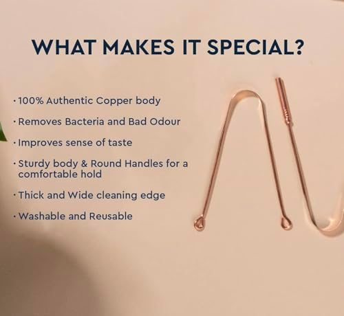 Copper Tongue Scraper for Adults 2 Pack, Ayurvedic Tongue Cleaner for Bad Breath, Natural Oral Care Metal Tongue Cleaning Tool Reusable (100% Copper)