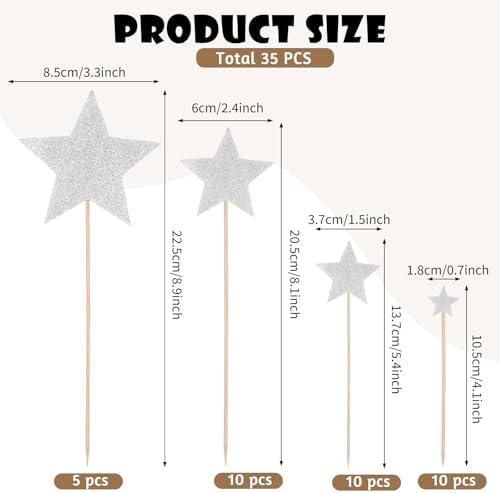 35 Pcs Star Cake Toppers, Mixed Size (0.7"-3.3" Wide) Silver Stars Decorations for Cupcakes, Birthday Parties & Baby Showers