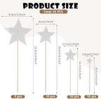 35 Pcs Star Cake Toppers, Mixed Size (0.7"-3.3" Wide) Silver Stars Decorations for Cupcakes, Birthday Parties & Baby Showers