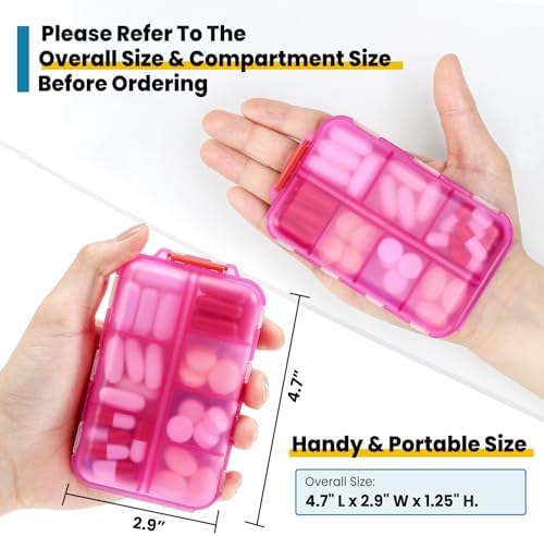 14 GRIDS Travel Pill Organizer Box with Labels - Travel Medicine Case Kit - Pocket Daily Pharmacy Container - Travel Medication Holder Dispenser for Fish Oil Vitamin Supplement Storage - Clear Pink