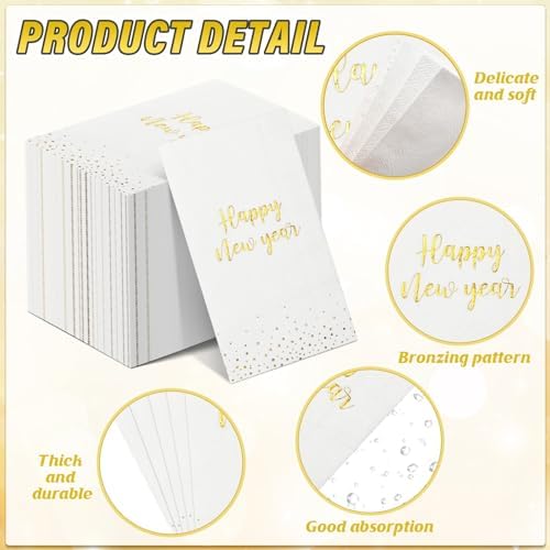 100Pcs Happy New Year Napkins, White Gold Foil Disposable Paper Napkins, Paper Hand Towels Cocktail Napkins for Christmas 2026 New Year's Eve Party Decoration and Supplies, 7.9 x 4.3 Inch