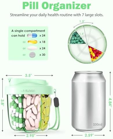 Cute Pill Organizer,Pill Dispenser with 7 Large Compartments,Portable Pill Bottle Box with Wide Opening for Easy Use, Anti-Mix Pills Organizer for Travel,Includes 20 Pcs Sticky Labels（Green）