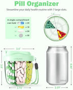 Cute Pill Organizer,Pill Dispenser with 7 Large Compartments,Portable Pill Bottle Box with Wide Opening for Easy Use, Anti-Mix Pills Organizer for Travel,Includes 20 Pcs Sticky Labels（Green）