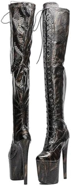 WUXIN H&P Women's Over The Knee Pole Dance Thigh High Heel Boots Black Sexy Snake Pattern Platform Zip Lace Up Fashion Party Round Toe Stiletto 8 inch Exotic Heels