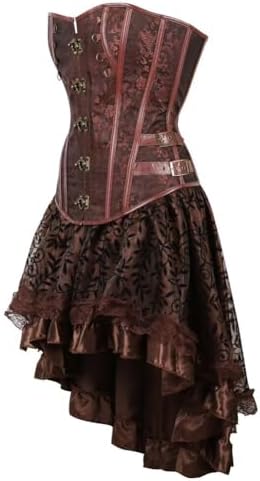 Corset Dress Skirt Tutu Set Women Steampunk Gothic Punk Bustier Pirate Costume Halloween Brown